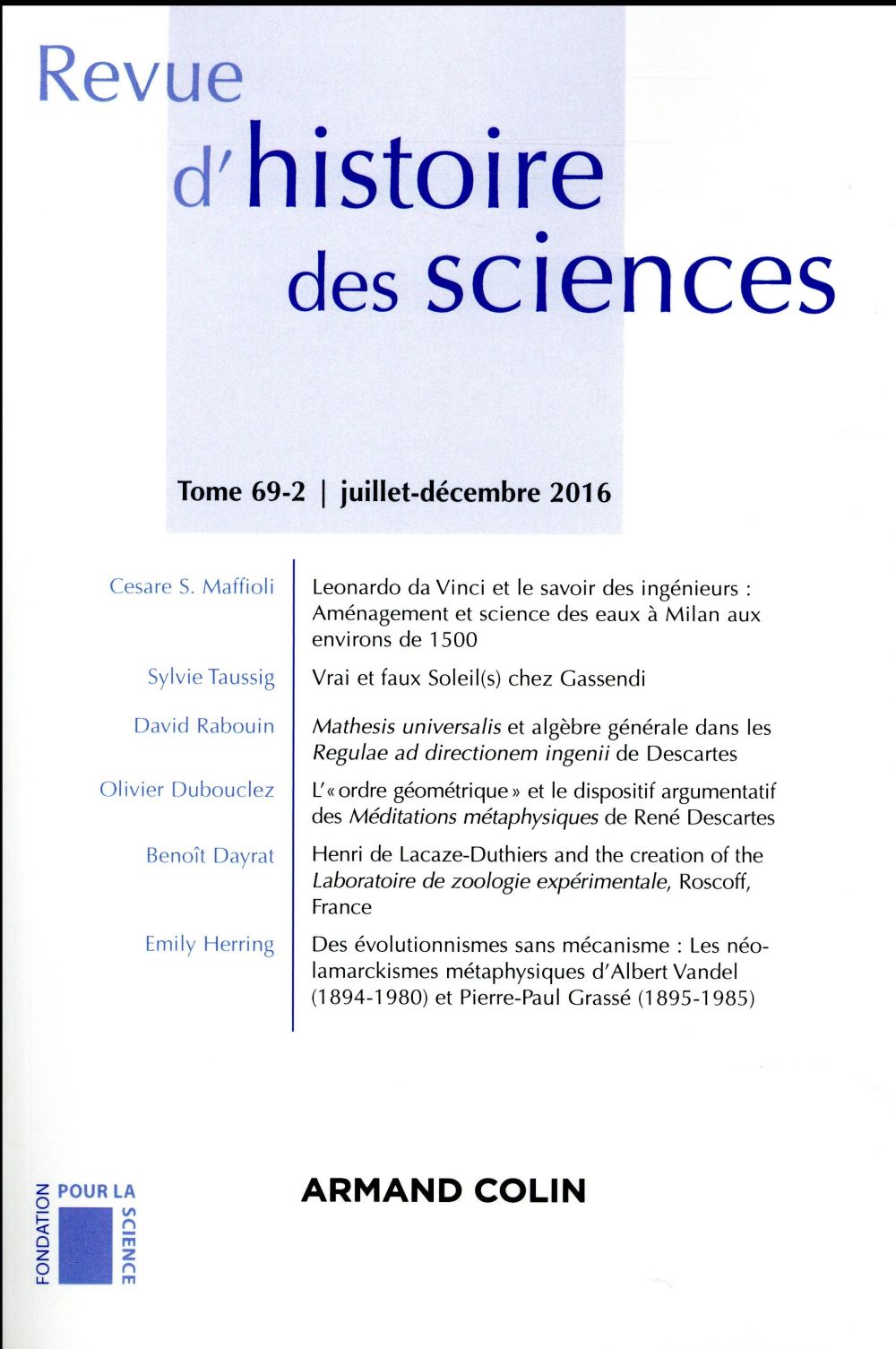 Revue d'histoire des sciences : 2/2016