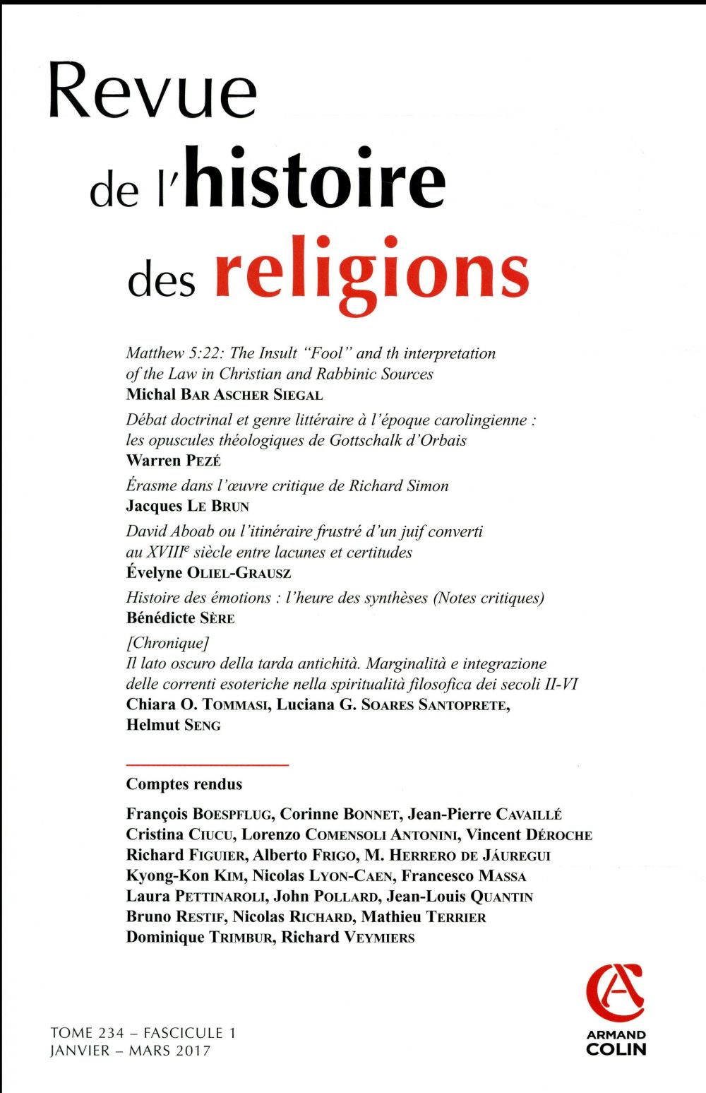 Revue de l'histoire des religions : 1/2017 ; varia