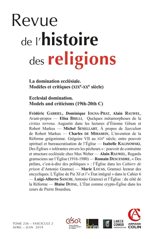 Revue de l'histoire des religions n.2 : la domination ecclésiale ; modèles et critiques (XIXe-XXE siècle)