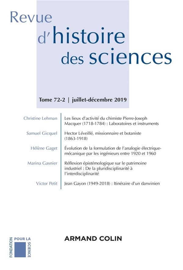 Revue d'histoire des sciences n.72-2 : juillet-décembre 2019 ; varia