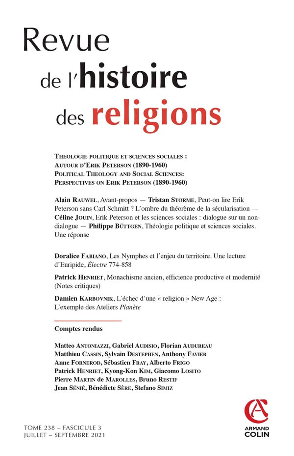 Revue de l'histoire des religions n.238-3 : théologie politique et sciences sociales : autour d'Erik Peterson (1890-1960)