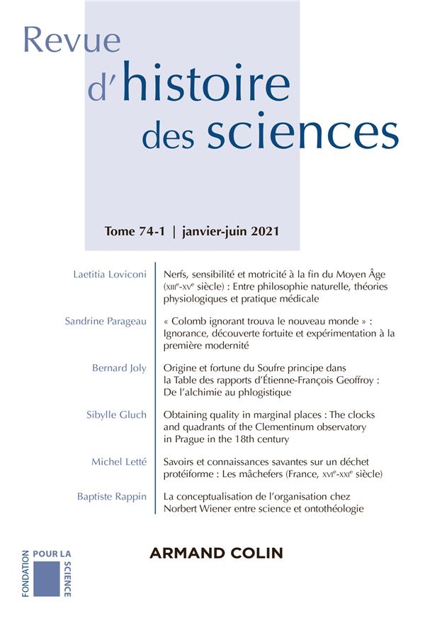 Revue d'histoire des sciences n.74-1 : varia
