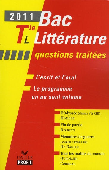 Bac littérature ; terminale L ; questions traitées (édition 2011)