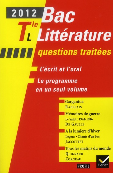 Littérature ; questions traitées ; terminale L (édition 2012)
