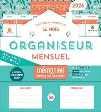 Mémoniak : Organiseur mensuel ambiance florale: De septembre à décembre (édition 2025/2026)