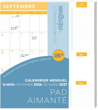 Mémoniak : Pad aimanté : Calendrier mensuel : De septembre à décembre (édition 2026/2027)