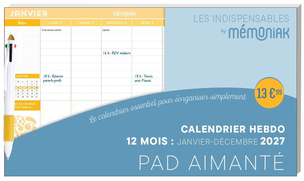 Calendrier hebdomadaire janvier-décembre : Pad aimanté avec stylo 4 couleurs (édition 2027)