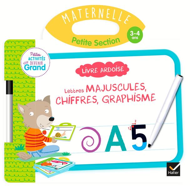 Livre ardoise ; PS ; lettres majuscules, chiffres, graphisme