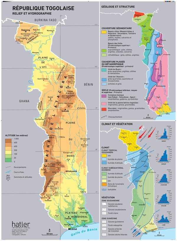 Carte Togo (Lot de 5) relief, administration, économique, tourisme, géologie, climat & végétation