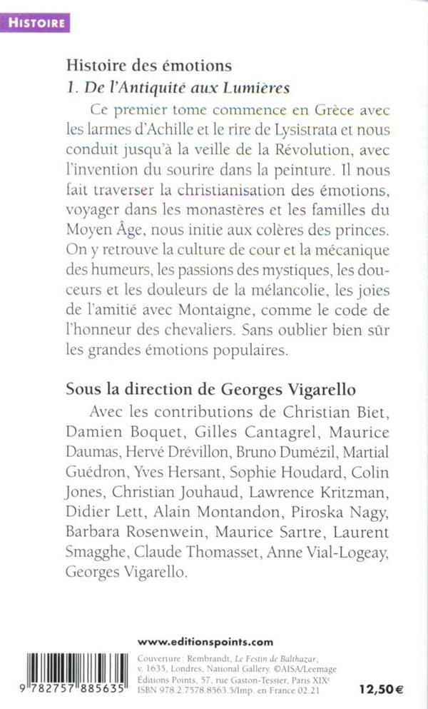 Histoire des émotions Tome 1 ; de l'Antiquité aux Lumières
