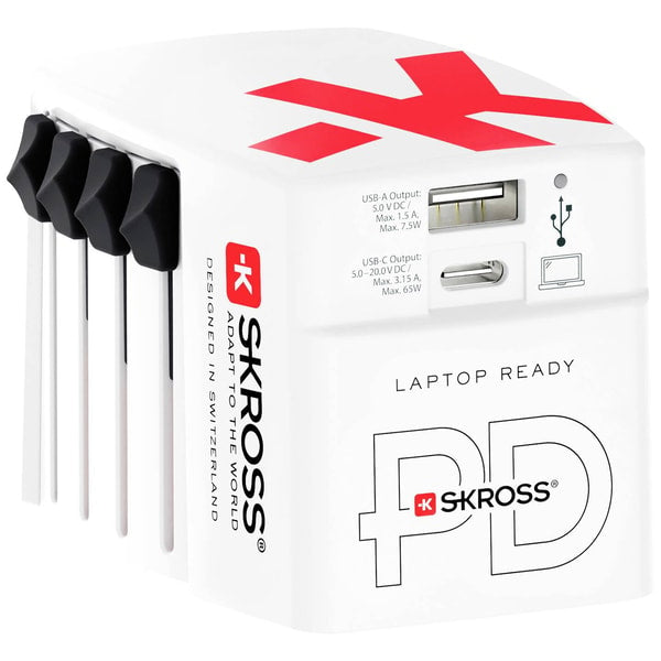 Skross - Adaptateur de voyage MUV PRO 3 pôles + 1 USB charge rapide + 1 Type C 3250 mA Blanc - flash vidéo