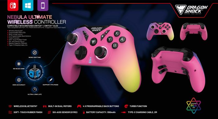 DragonShock - NEBULA PRO - Manette sans fil Pro Vert Velours pour Switch, Switch Lite, Switch OLED, PS3, PC et Android