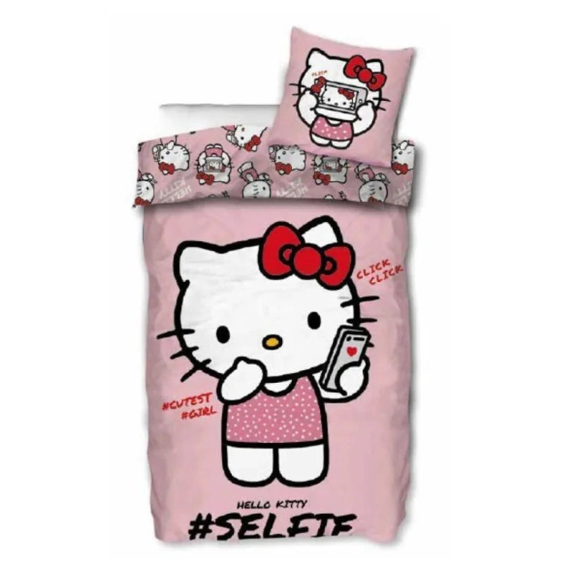 Hello Kitty - Housse de couette en Polycoton + 1 taie d'oreiller (140x200cm + 65x65cm) - flash vidéo