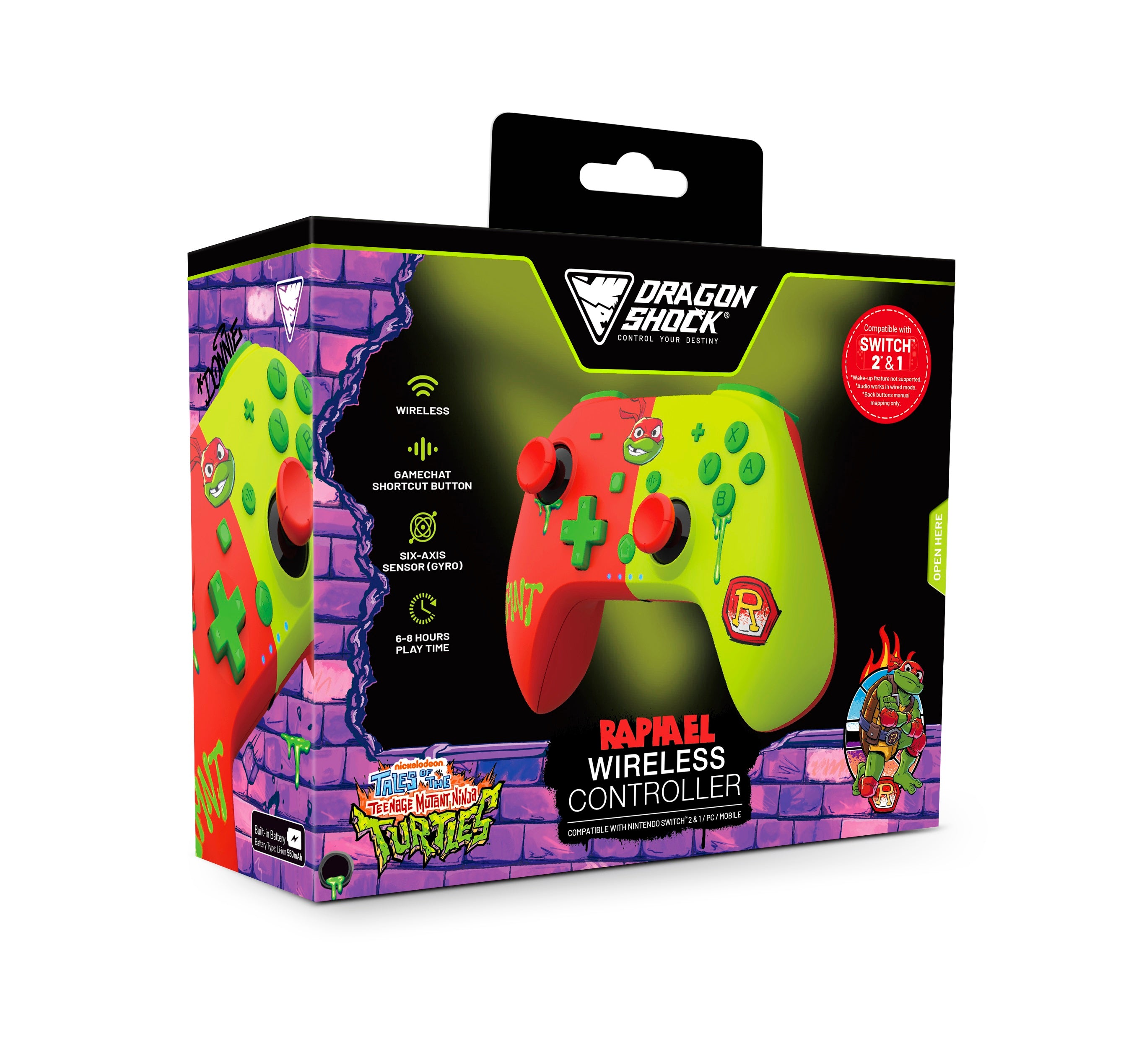 DragonShock - Manette sans fil Bluetooth PopTop+ TMNT Cowabunga Raphael pour Switch, Switch 2, PC et Mobile