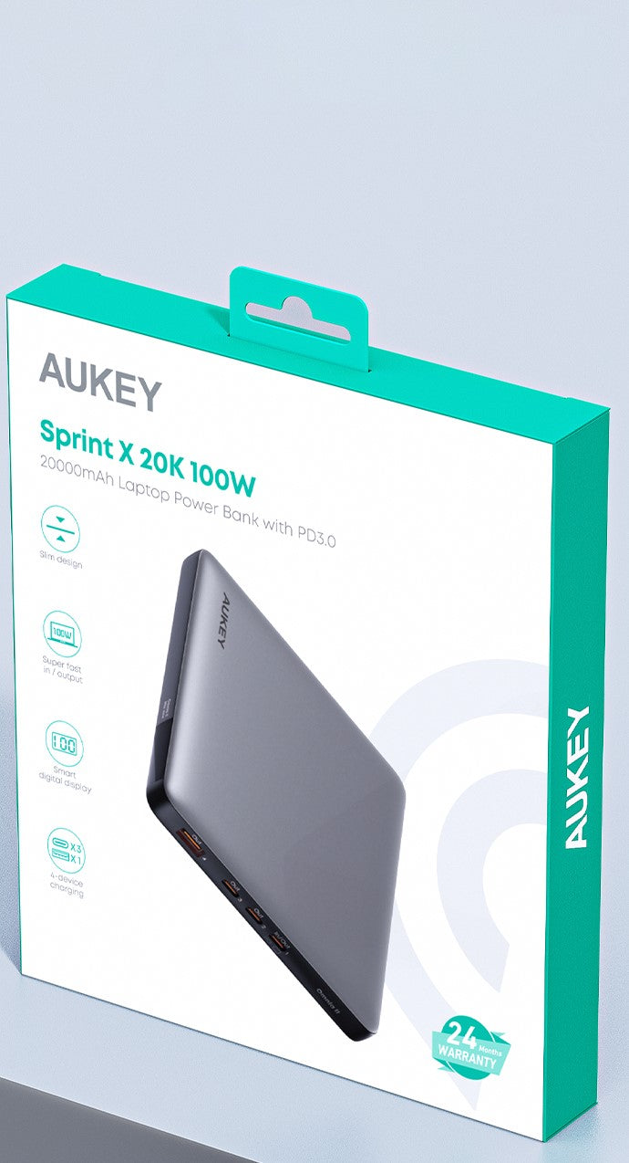 Aukey - Power Bank Noire Sprint X 20000mAh 100W Charge rapide