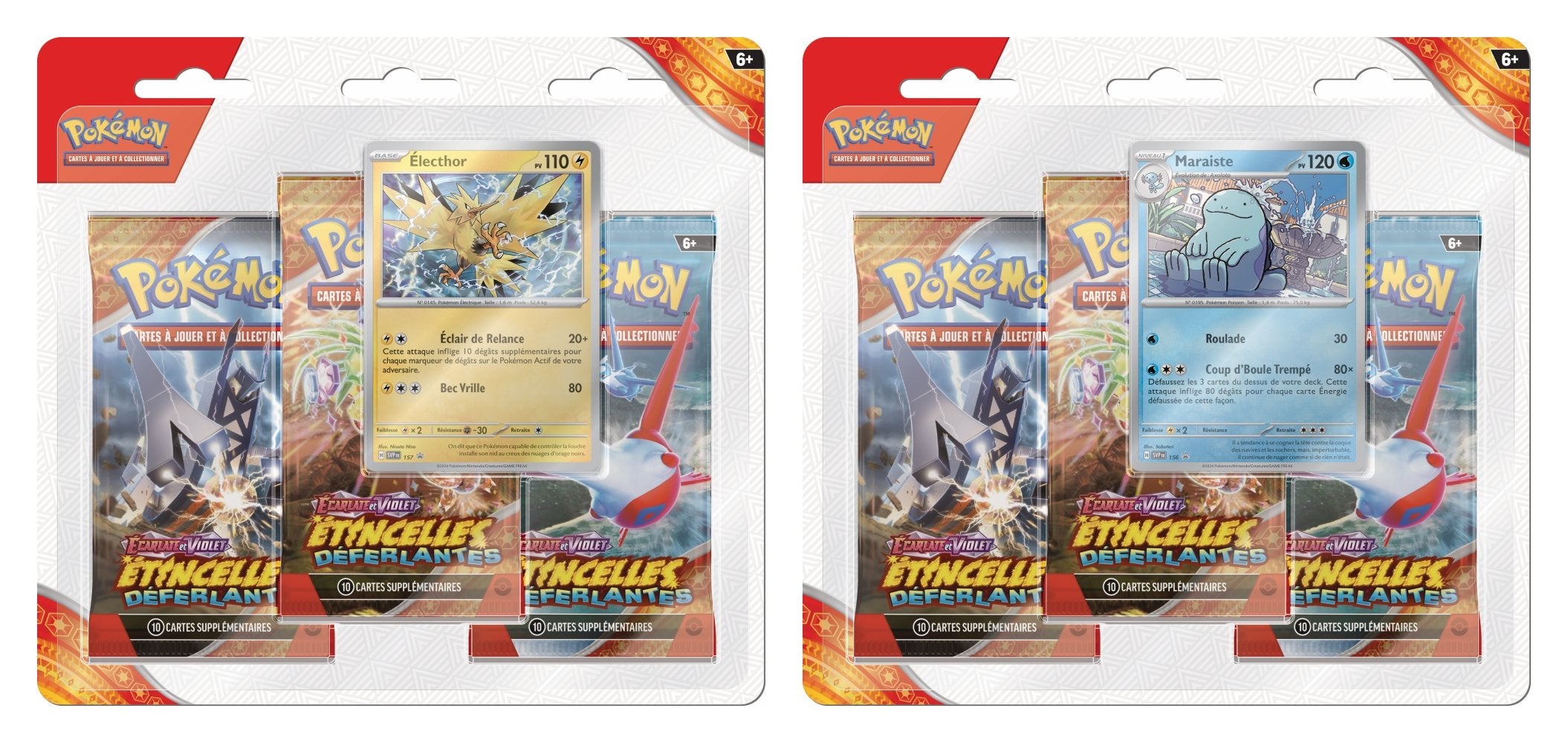 Pokémon JCC - Écarlate et Violet - Pack Blister de 3 Boosters EV08 Étincelles Déferlantes Maraiste et Électhor (1 Booster aléatoire) - flash vidéo