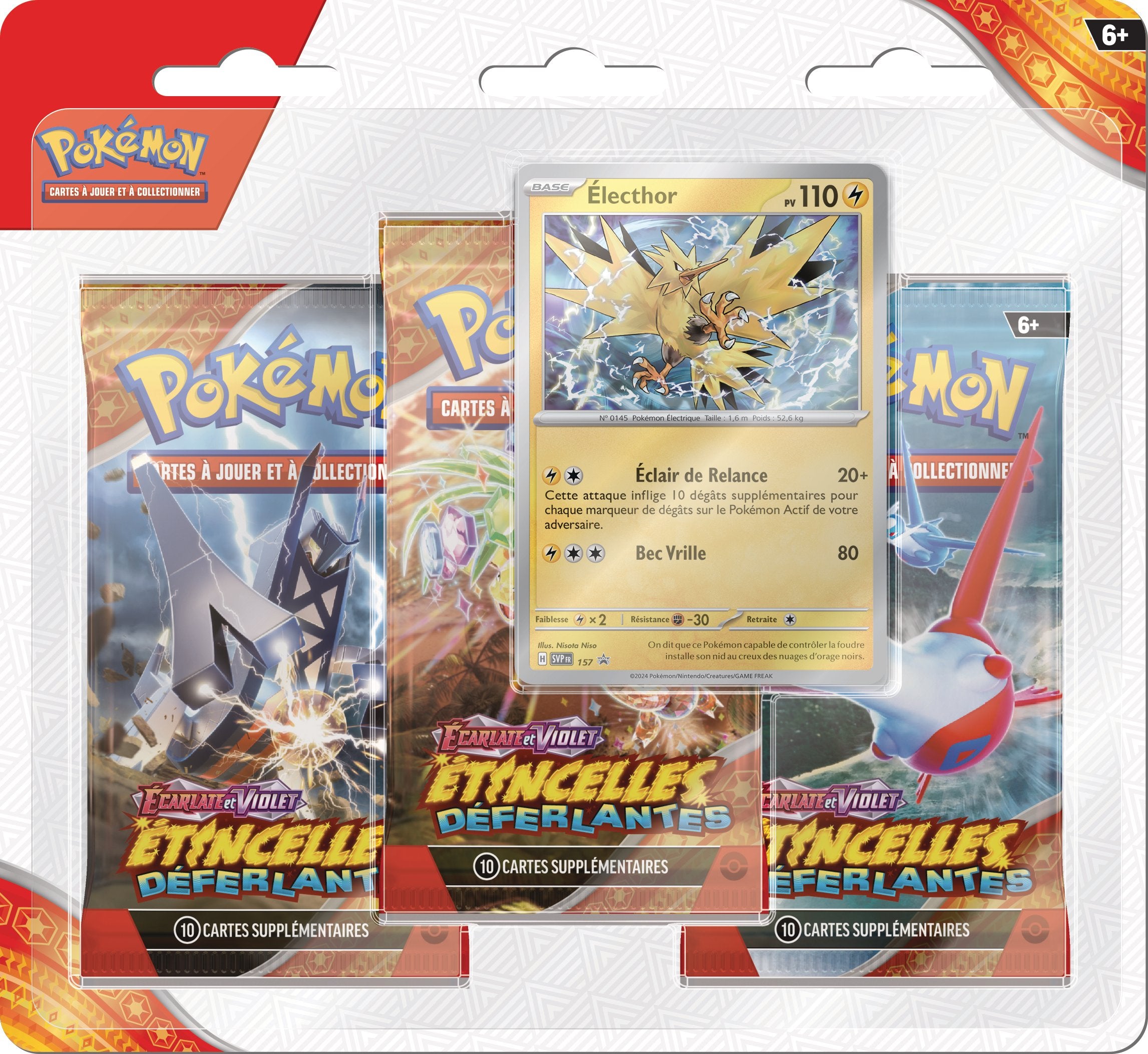 Pokémon JCC - Écarlate et Violet - Pack Blister de 3 Boosters EV08 Étincelles Déferlantes Maraiste et Électhor (1 Booster aléatoire) - flash vidéo