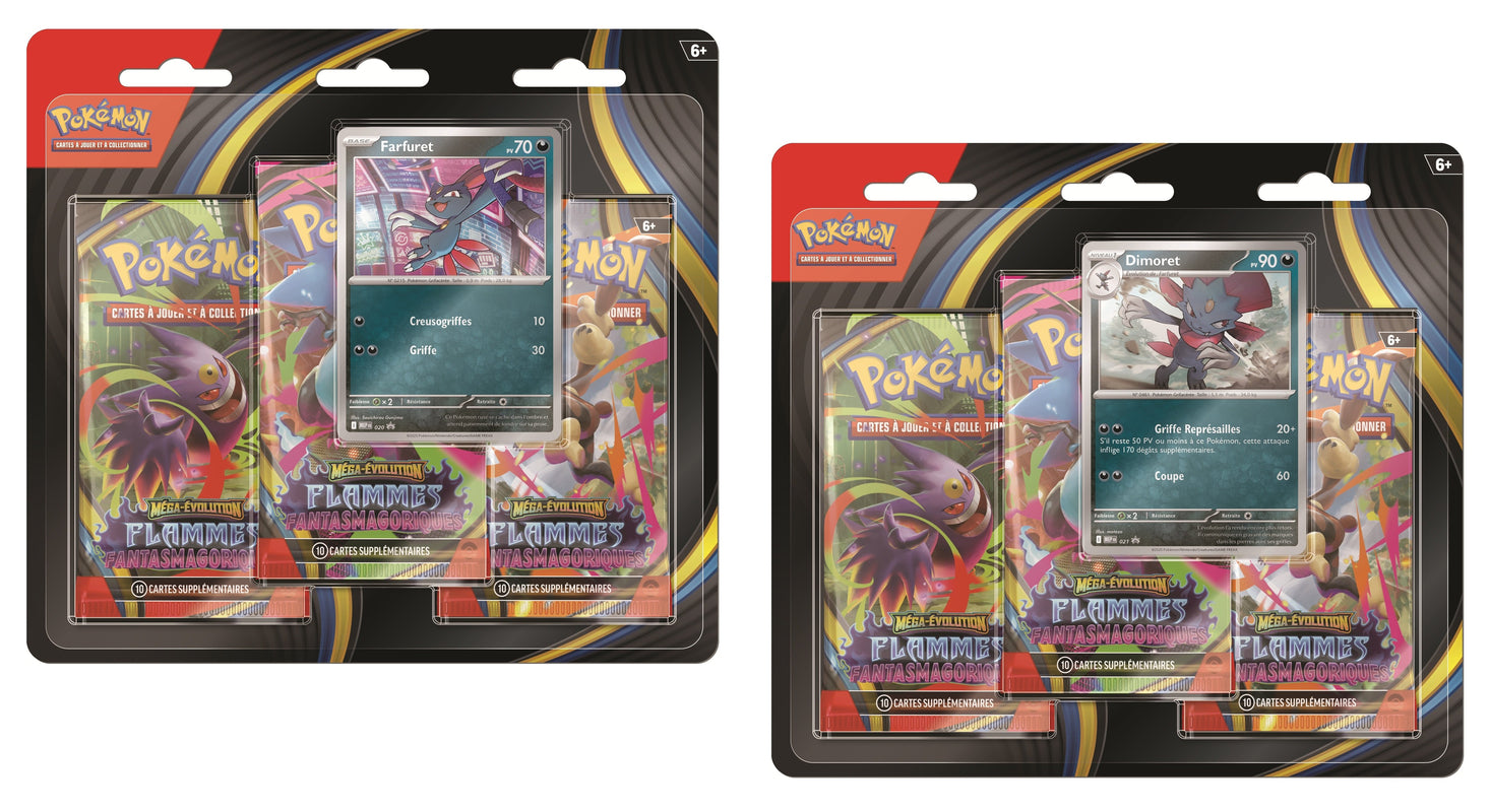Pokémon JCC - Méga-Évolution - Pack Blister de 3 Boosters ME02 Flammes Fantasmagoriques Farfuret ou Dimoret (1 Blister aléatoire)