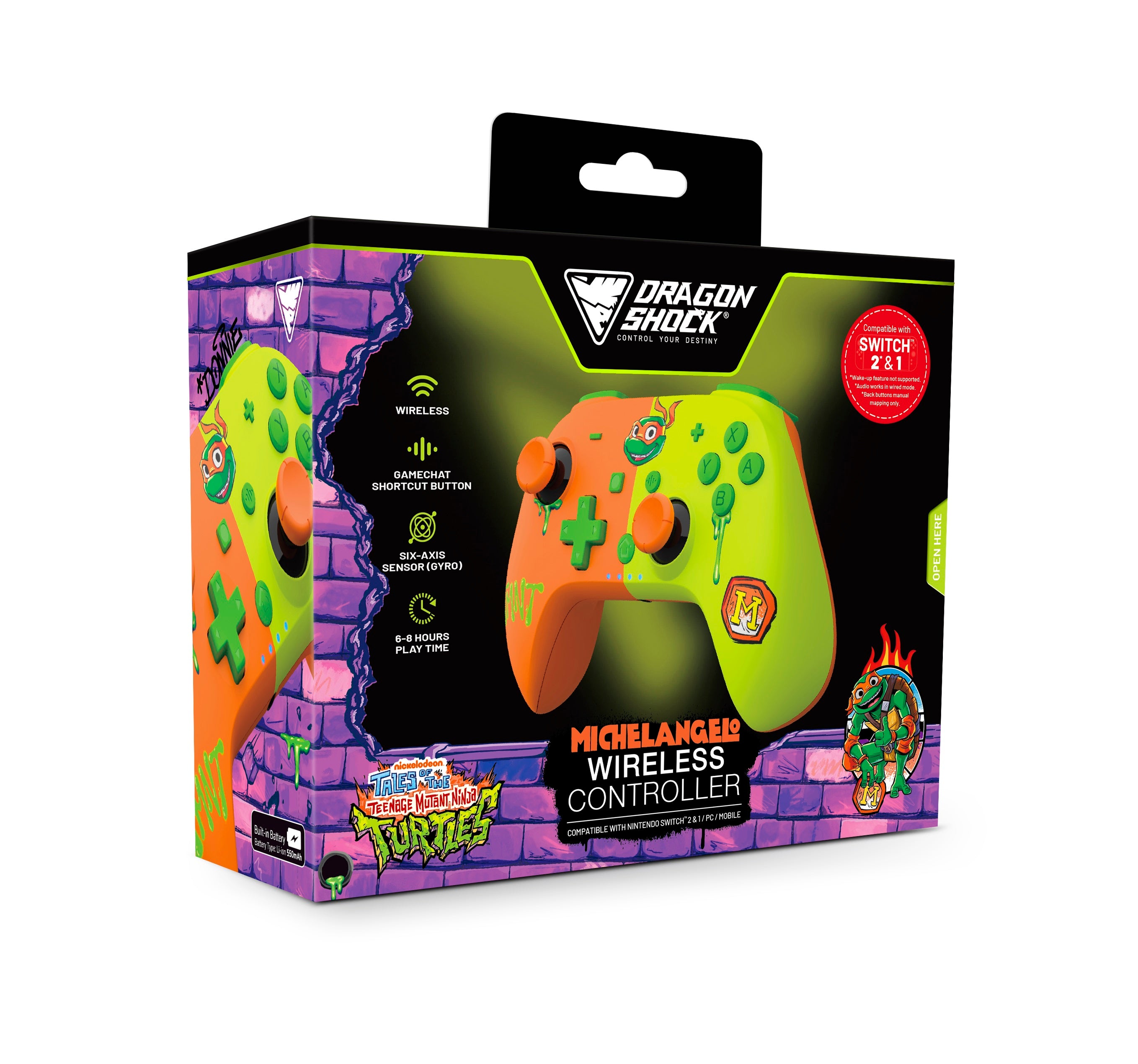 DragonShock - Manette sans fil Bluetooth PopTop+ TMNT Cowabunga Michelangelo pour Switch, Switch 2, PC et Mobile