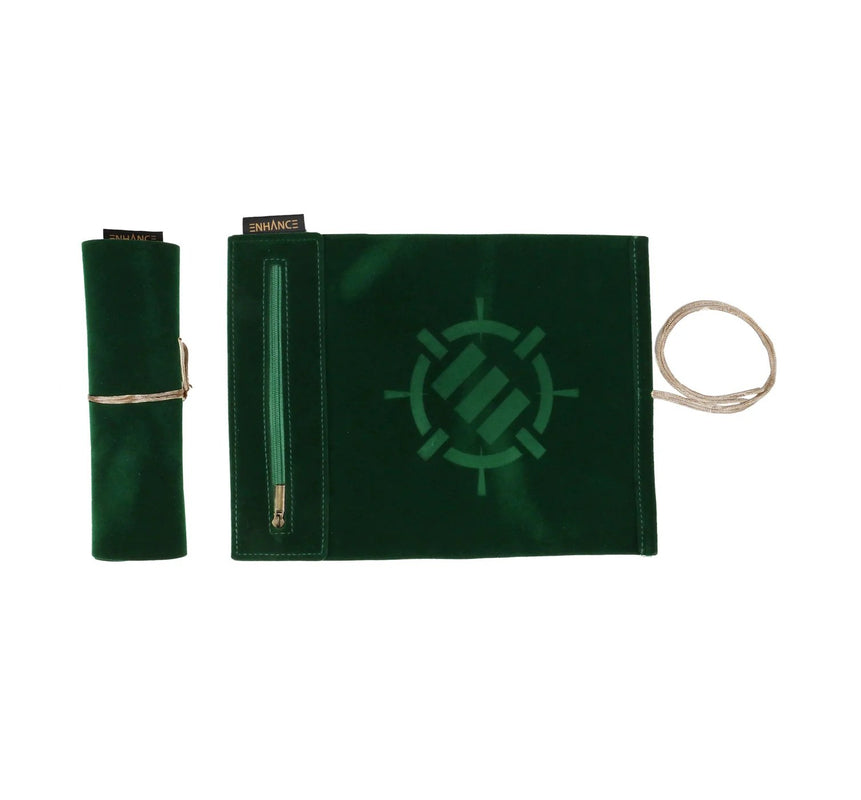 ENHANCE - Tapis pour jeu de dés "Roll on a Scroll" et ensemble de 7 dés en acrylique vert