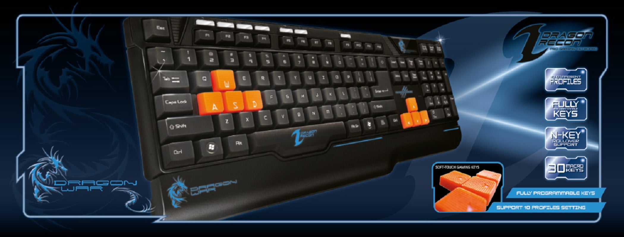 Dragonwar Recon Clavier de jeu programmable Qwerty - 30 touches macro - 10 paramètres de profil - Nkey roller.