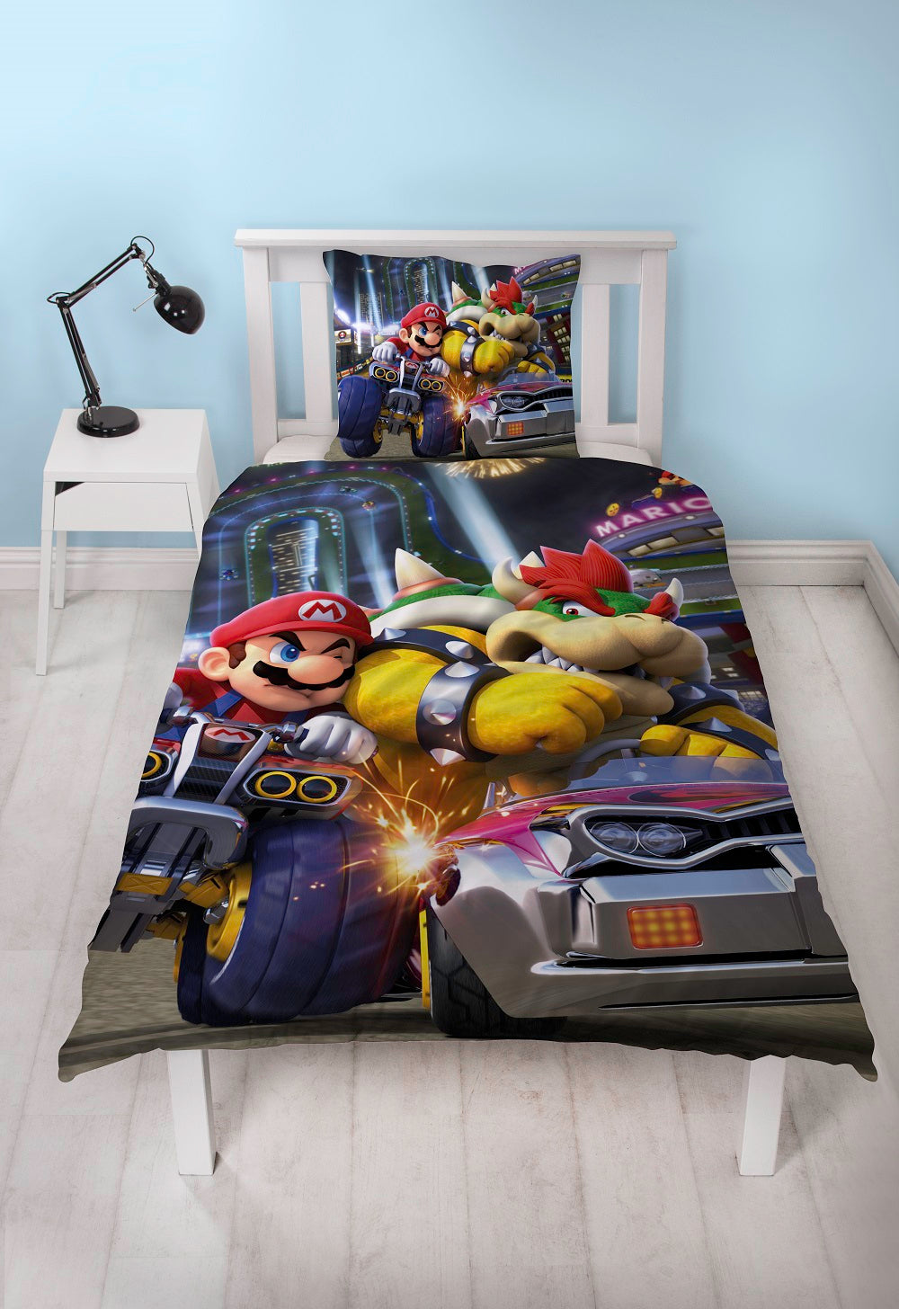 Mario Kart - Parure de lit en microfibre Mario vs Bowser (140x200cm + 63x63cm) - flash vidéo