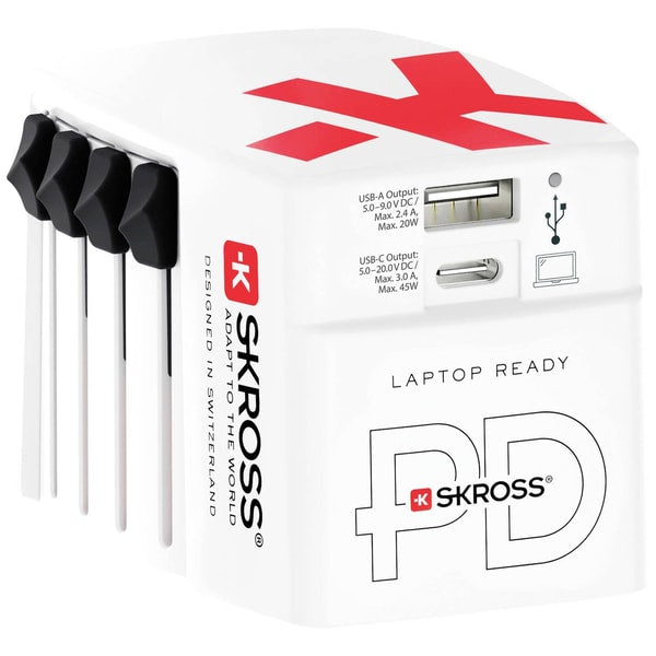 Skross - Adaptateur de voyage MUV PRO 3 pôles + 1 USB charge rapide + 1 Type C 2250 mA Blanc - flash vidéo