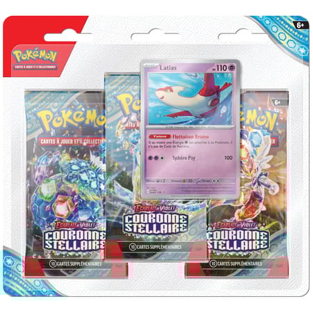 Pokémon JCC - Écarlate et Violet - Pack Blister de 3 Boosters EV07 Couronne Stellaire Latias et Forgelina (1 Booster aléatoire) - flash vidéo