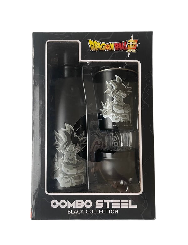 Dragon Ball Super - Coffret cadeau (Goku Ultra Instinct) : bouteille d'eau en métal isotherme 500ml, verre et dessous de verre - flash vidéo