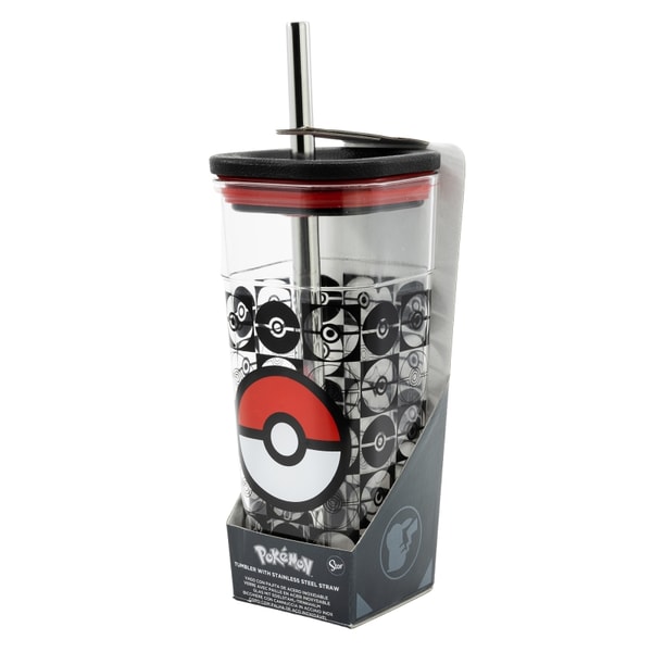 Stor Young Adult - Pokémon - Verre Acrylique (avec Paille en Acier Inoxydable) - Poké-Ball - 540 ML - flash vidéo