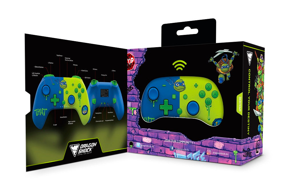 DragonShock - Manette sans fil Bluetooth PopTop+ TMNT Cowabunga Leonardo pour Switch, Switch 2, PC et Mobile