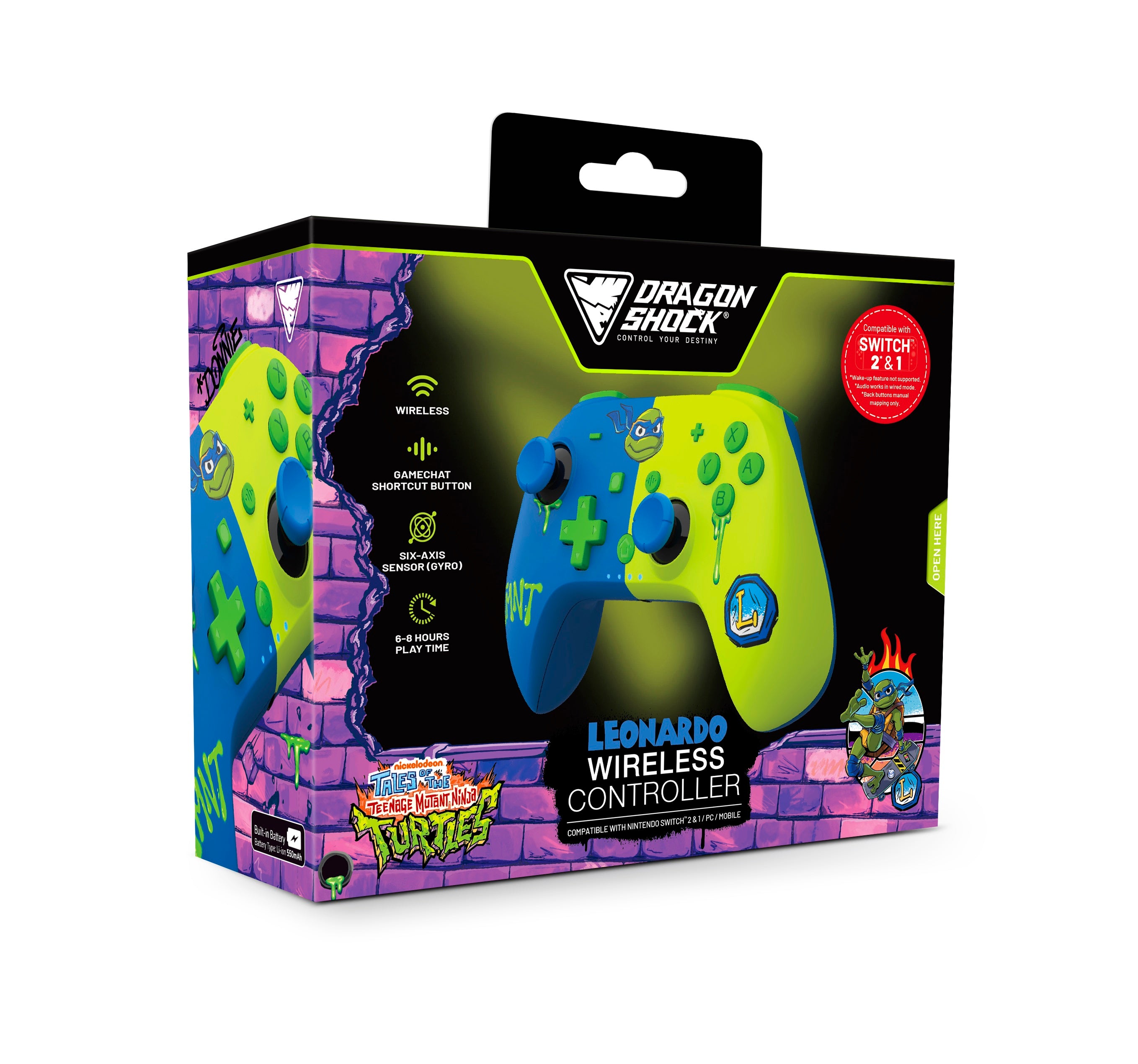 DragonShock - Manette sans fil Bluetooth PopTop+ TMNT Cowabunga Leonardo pour Switch, Switch 2, PC et Mobile