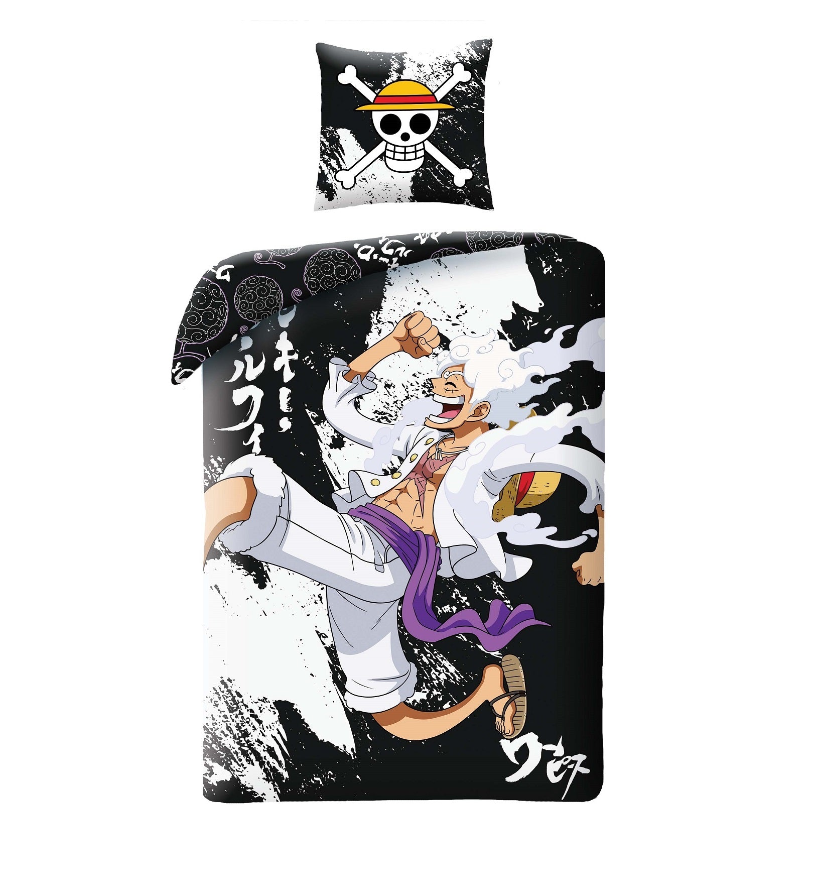 One Piece - Parure de lit en microfibre Luffy Gear 5 (140x200cm + 63x63cm) - flash vidéo