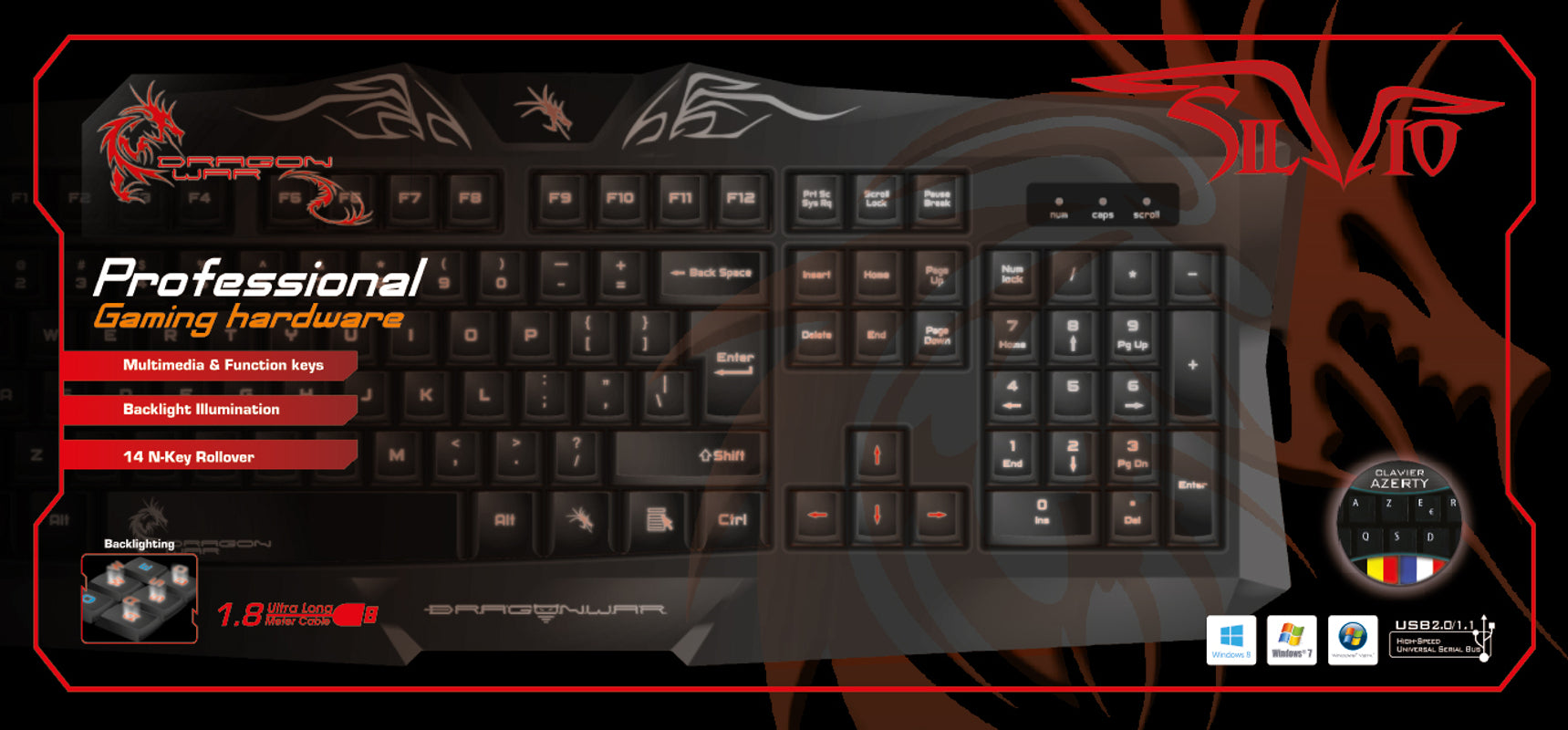Dragonwar Silvio Clavier de jeu Azerty - 14 touches anti-ghosting - touches rétro-éclairées - retournement des touches n - Noir