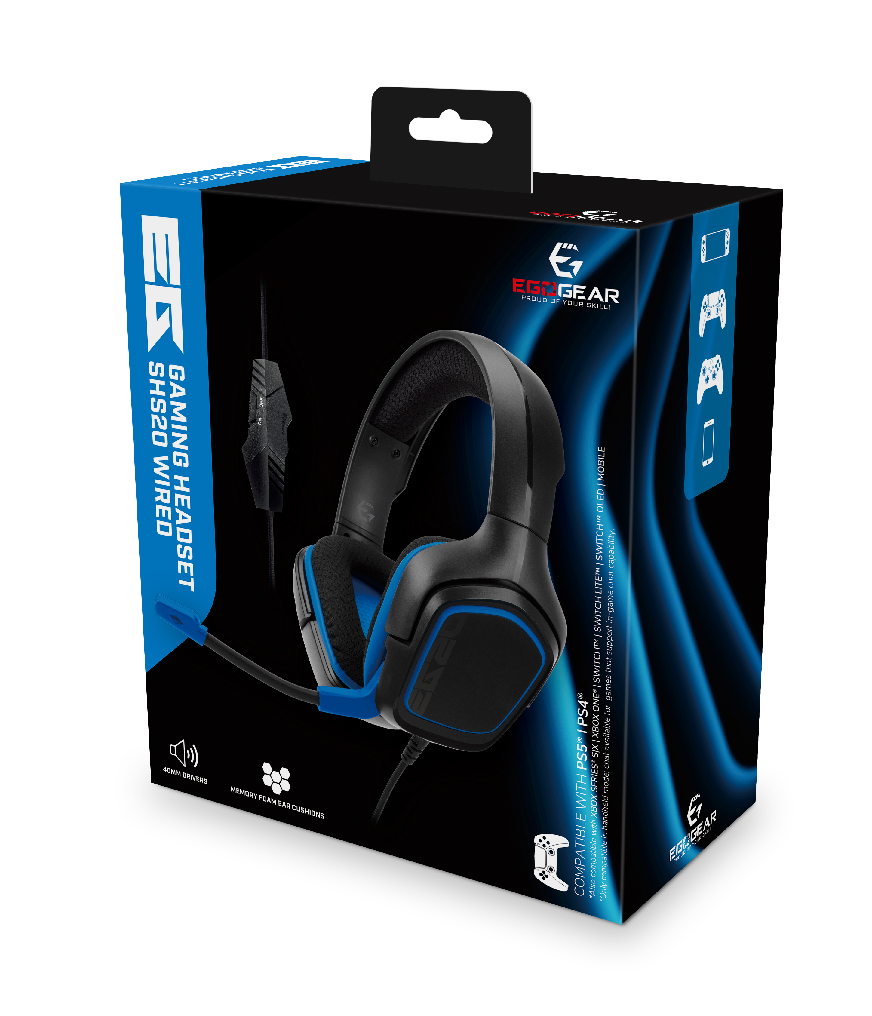 EgoGear - Casque de jeu filaire SHS20 Bleu pour PS5, PS4, Xbox Series X|S, Xbox One, Switch, Switch Lite, Switch OLED et Mobile - flash vidéo