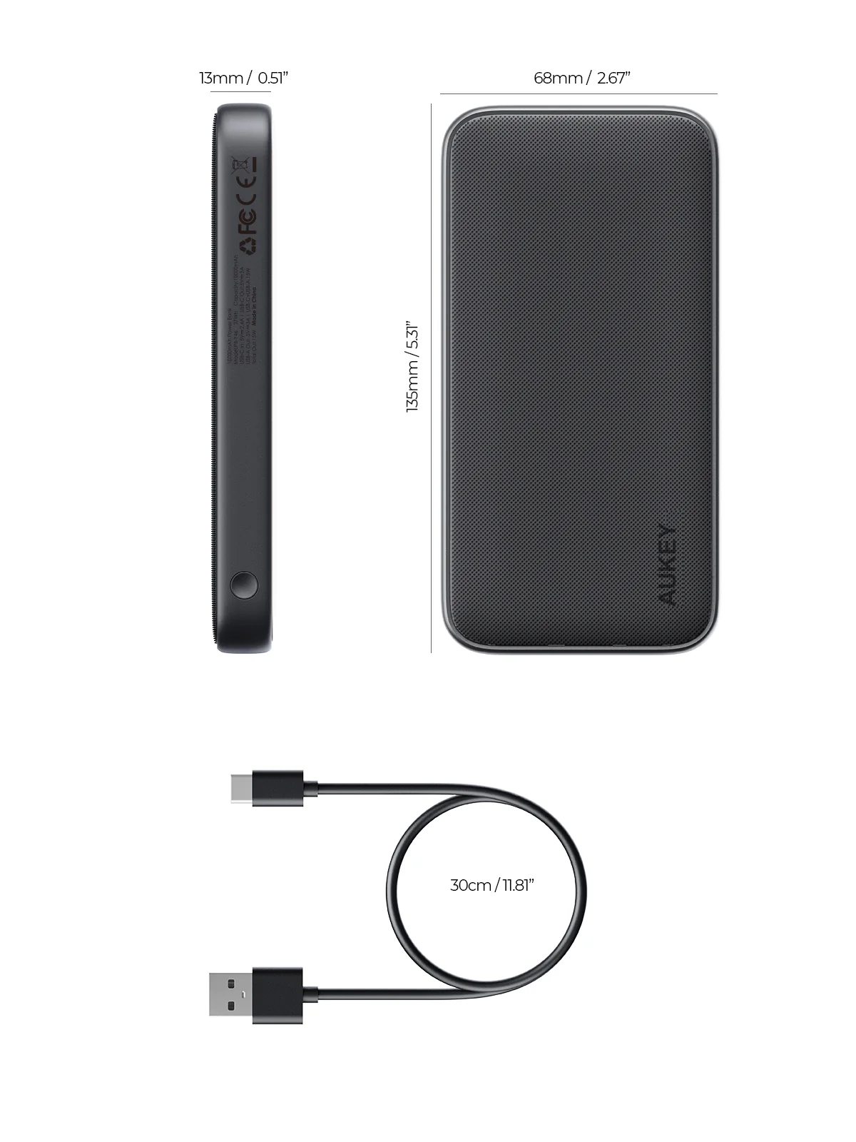 Aukey - Power Bank Grise Sprint 10000mAh 15W Charge rapide - flash vidéo
