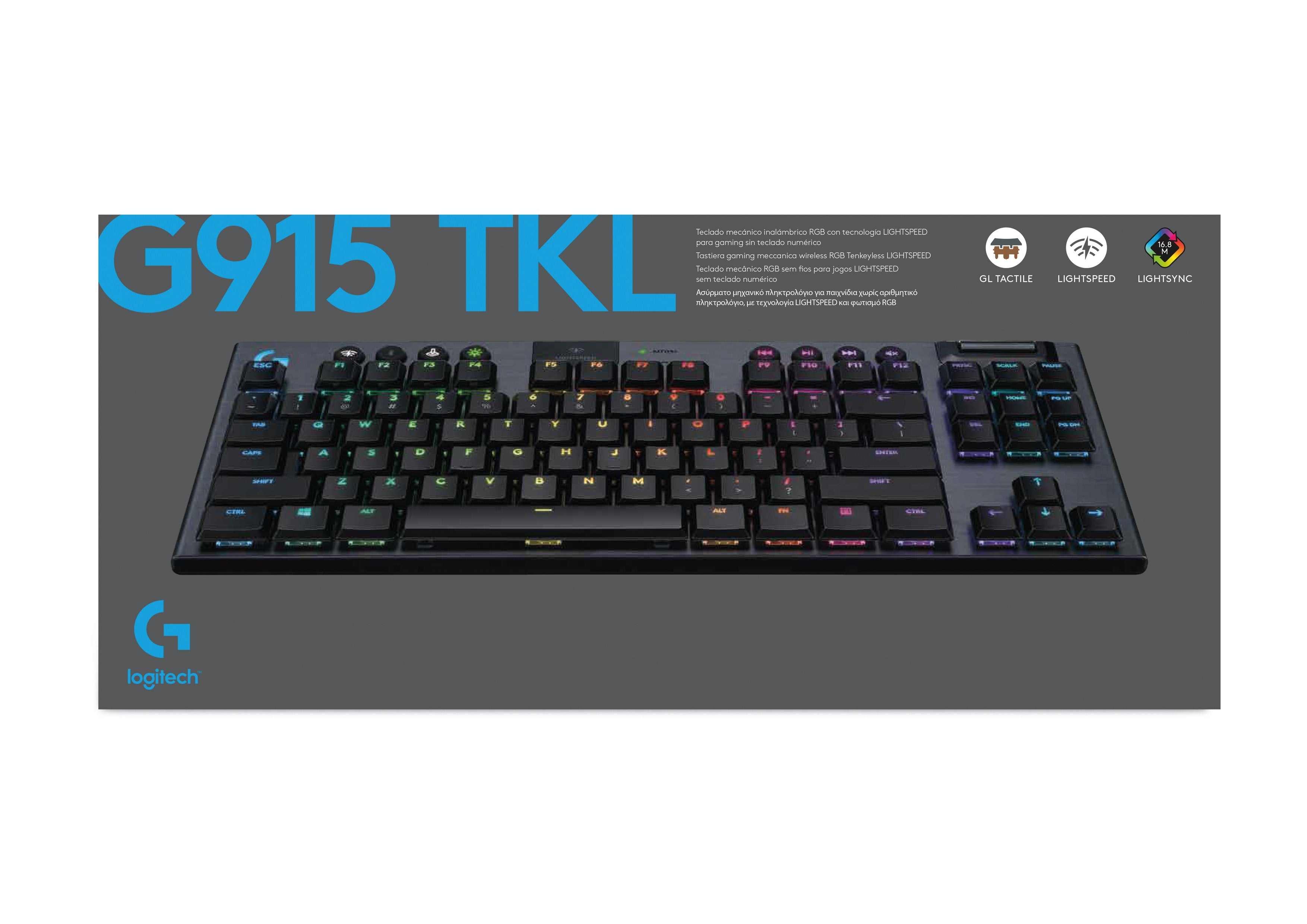 Logitech Clavier mécanique de jeu TKL sans pavé numérique Lightspeed RGB sans fil avec commutateurs GL tactile G915 Carbon - Azerty BE - flash vidéo