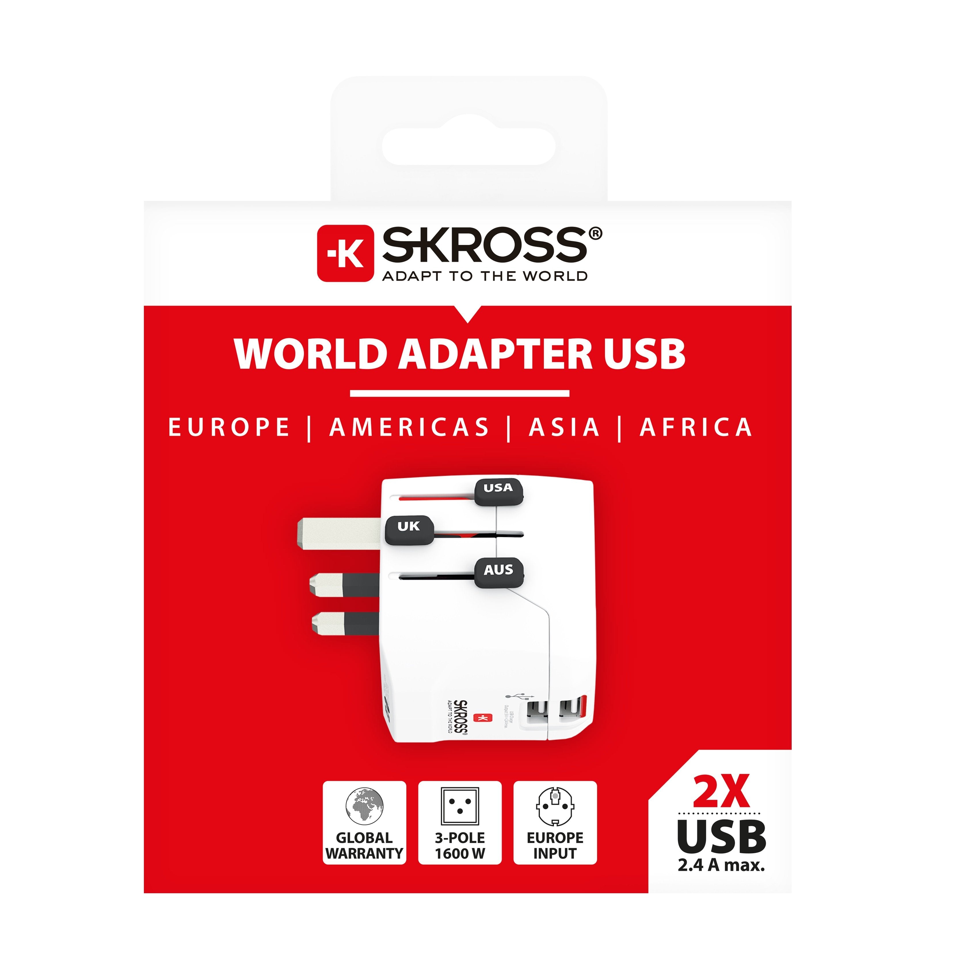 SKROSS - World Travel Adapter with Ground Plugs, ( no Swiss & Italy ) + 2 USB SLOT 2400 mAwhite - flash vidéo
