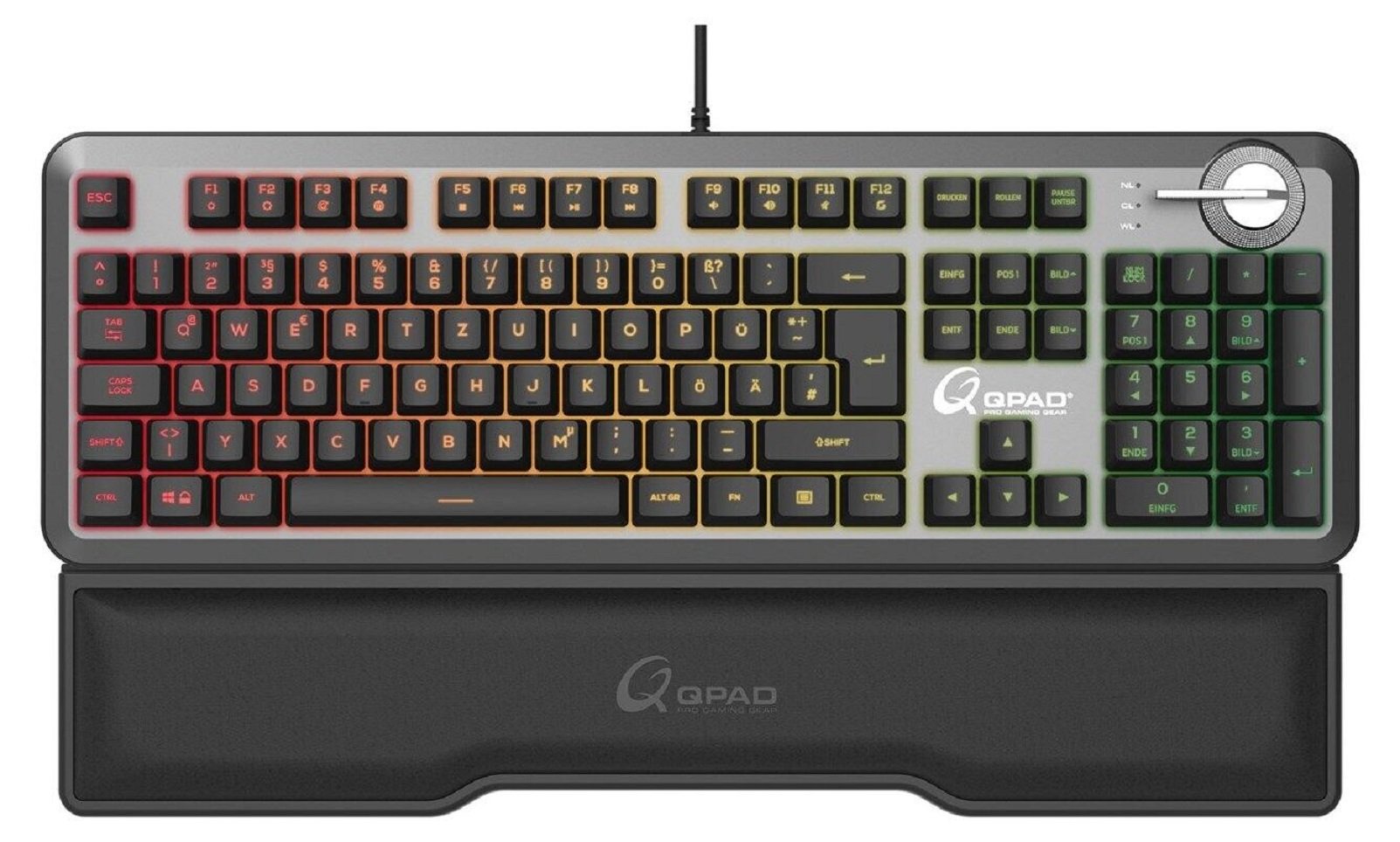 QPAD - MK-95 PRO - Clavier gaming mécanique à commutateur, avec rétro-éclairage RGB et repose-paume - disposition DE - flash vidéo