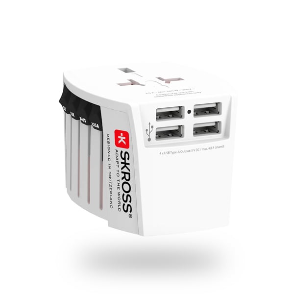 Skross - World Travel Adapter 2-pole + 4 USB Charger + 1 Type C 2400 mA White - flash vidéo