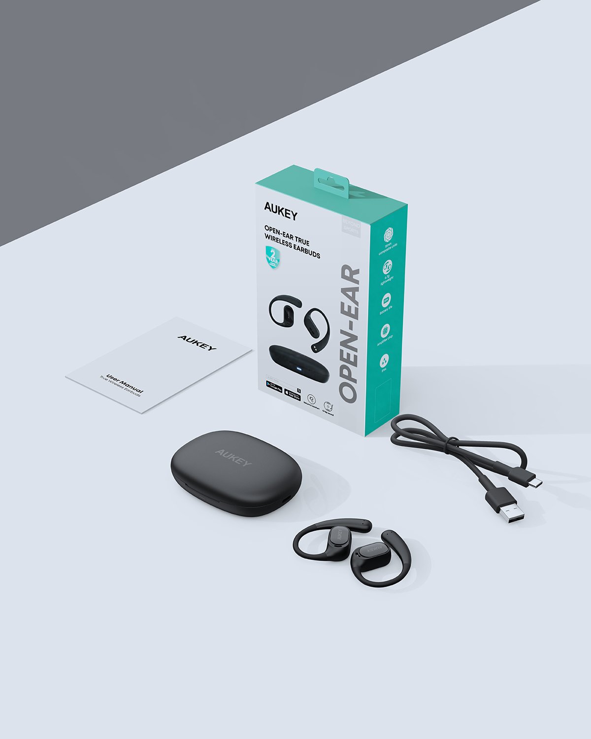 Aukey - Écouteurs sans fil connectés Sports Fit Open-Ear Noir - flash vidéo