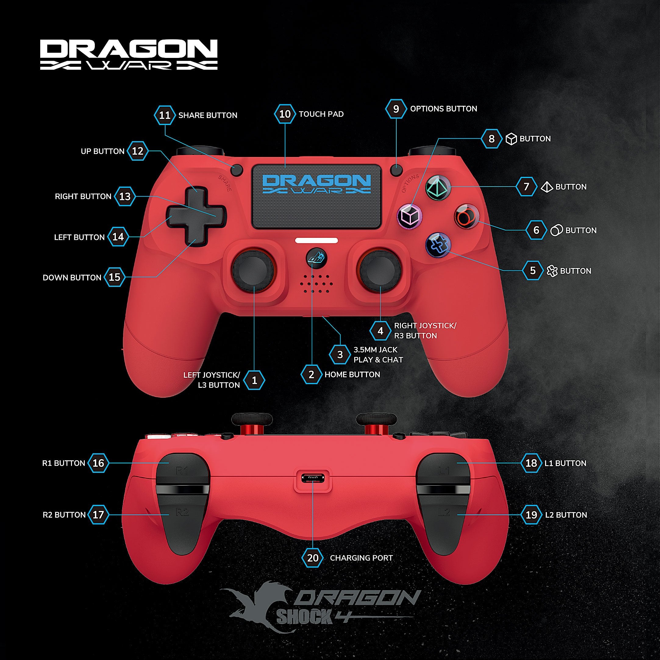 Dragonwar - Manette sans fil Dragon Shock 4 Rouge pour PS4, PC et Mobile - flash vidéo