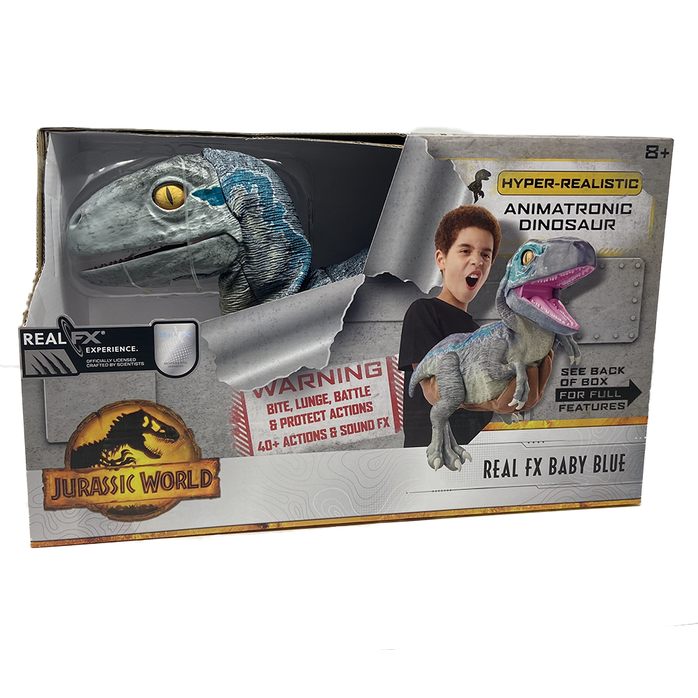 Jurassic World - Dinosaure animatronique hyperréaliste Real FX Baby Blue - flash vidéo