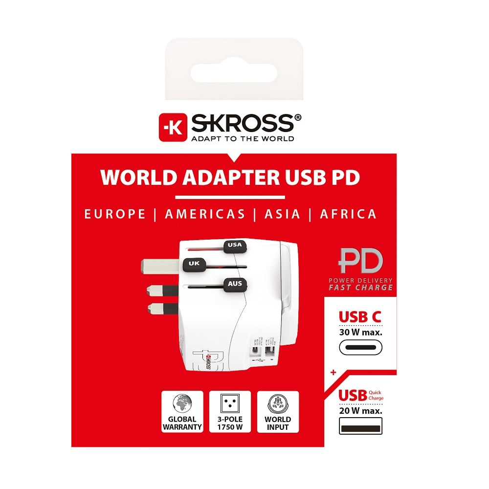 Skross - Adaptateur de voyage monde Pro Light avec prises de terre ( pas de Suisse ni d'Italie ) + 1 USB + 1 emplacement Type-C - flash vidéo