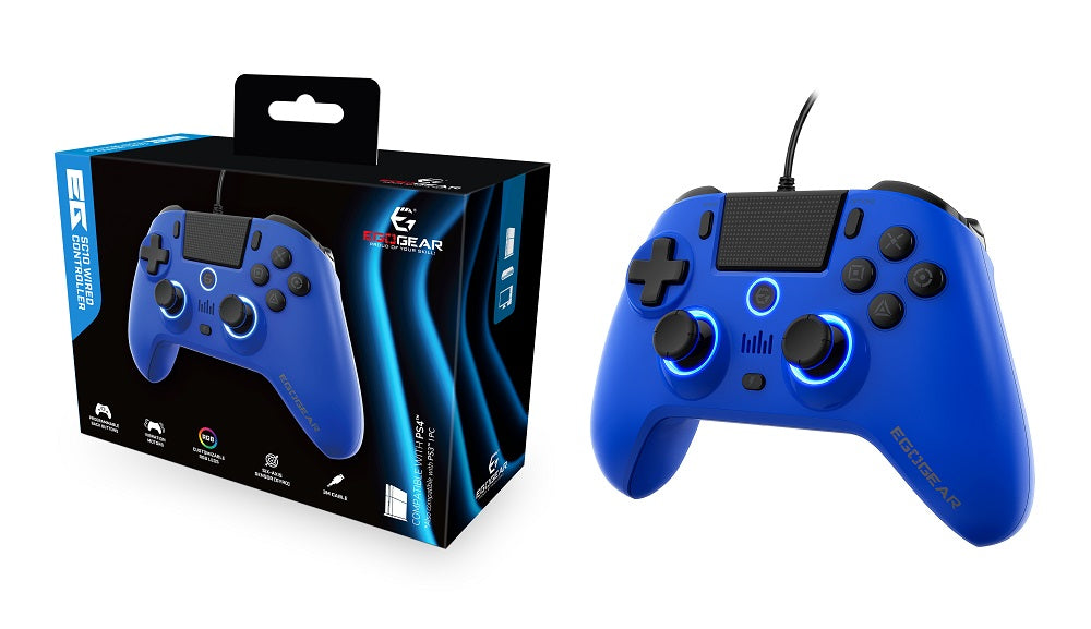 EgoGear - Manette filaire SC10 bleue avec port audio pour casque pour PS4, PS3 et PC - flash vidéo