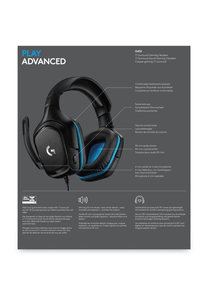 Logitech Casque de jeu filaire 7.1 Surround en similicuir G432 pour PC, PS4, Xbox One et Switch - flash vidéo