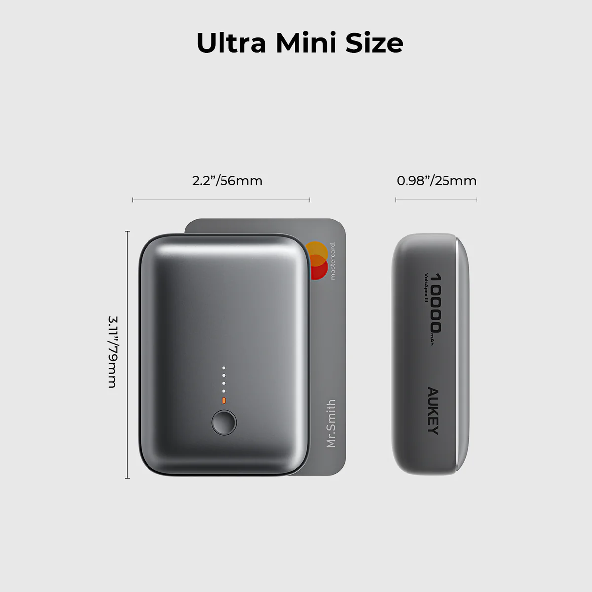 Aukey - Spark Mini 10000mAh 20W Powerbank Grise USB-C/USB-A - flash vidéo