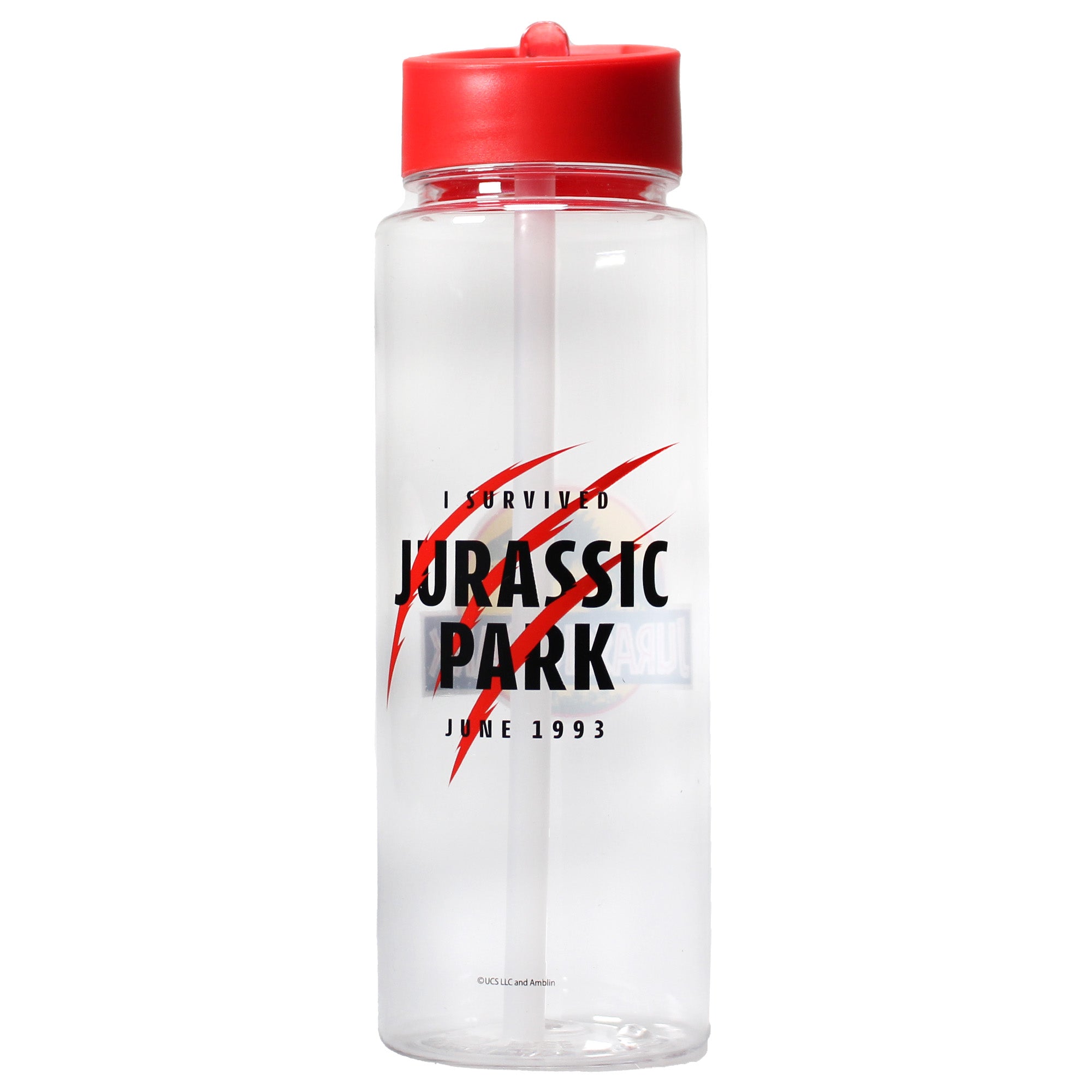 Jurassic Park - Bouteille d'eau en plastique avec paille "I Survive Jurassic Park - June 1993" 700ml - flash vidéo