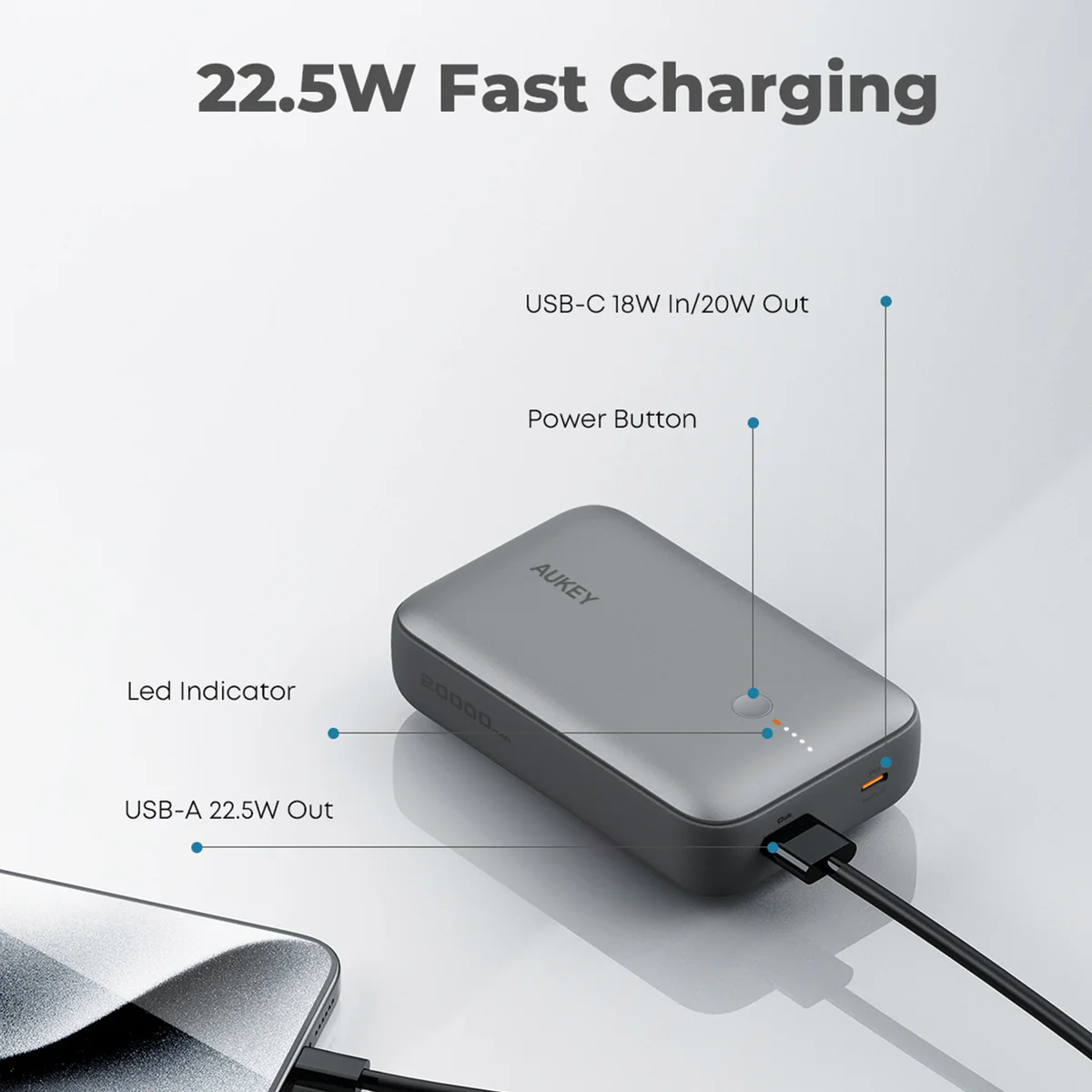 Aukey - Spark Mini 20000mAh 20W Powerbank Gris USB-C/USB-A - flash vidéo
