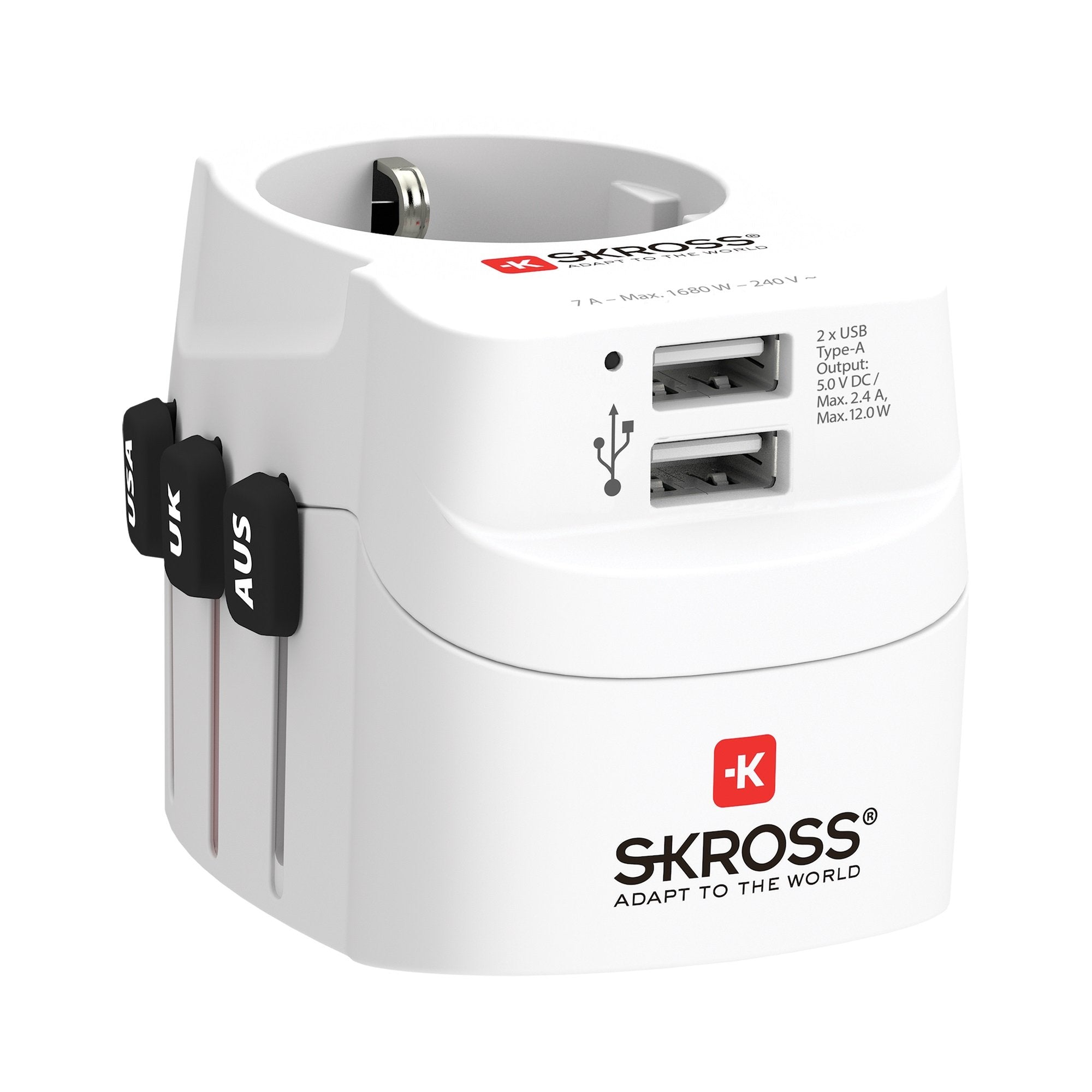 SKROSS - World Travel Adapter with Ground Plugs, ( no Swiss & Italy ) + 2 USB SLOT 2400 mAwhite - flash vidéo